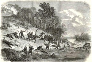 Retreat of Union forces at the Battle of Ball’s Bluff   (The Illustrated London News, Nov. 23, 1861; courtesy of "The Civil War in America from the Illustrated London News": A Joint Project by Sandra J. Still, Emily E. Katt, Collection Management, and the Beck Center of Emory University)
