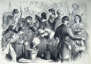 “How the Daughters of Maryland Received the Sons of the North as They Marched Against the Rebel Invaders…,” a scene in Frederick  (F.H. Schell, artist; Frank Leslie’s Illustrated News, November 1, 1862; courtesy of Princeton University Library)