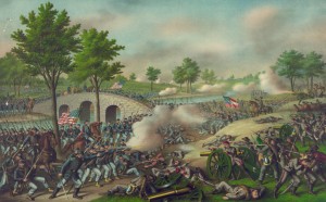 “Battle of Antietam,” lithograph by Kurz and Allison, 1888, showing the fighting around Burnside Bridge  (Library of Congress)