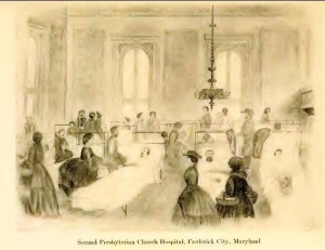 Ladies of Frederick visiting the wounded in the Presbyterian Church hospital in Frederick  (Charles F. Johnson, The Long Roll, 1911)