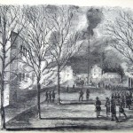 The Union garrison at Harpers Ferry burned the U.S. arsenal and shops on the evening of April 18, 1861, as Confederate troops approached the town (Frank Leslie's Illustrated Newspaper, April 30, 1861; NPS History Collection)