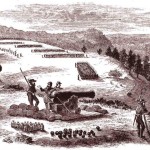 A Confederate battery overlooks the Potomac River by Harpers Ferry (D.H. Strother, artist, Harpers New Monthly Magazine, June 1866:19)