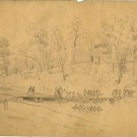 With the Union Army in pursuit of the Confederates after Gettysburg, a group of Union engineers construct a bridge across Antietam Creek near Funkstown in Washington County (July 11, 1863, Charles E.H. Bonwill, artist; courtesy of the Becker Collection, Boston, MA)