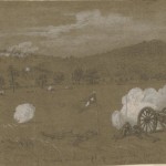 Confederate artillery firing at Union forces on the hill (July 1863, Alfred R. Waud, artist; Library of Congress)