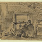 A Union signal officer, in the attic of a farm house, watching the Confederate army near Williamsport (July 12, 1863, Edwin Forbes, artist; Library of Congress)