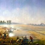 "Artillery Hell" by Captain James Hope, showing Confederate artillery near the Dunker Church firing in the early morning of September 17, 1862 (James Hope, artist, painted by 1892; Antietam National Battlefield)