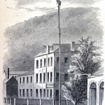 Union soldiers remove the Confederate flag from a flagpole in Harpers Ferry (Harpers Weekly, August 3, 1861; NPS History Collection)