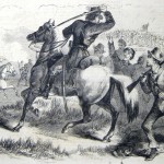 Confederate cavalry officers driving stragglers back to the battle (F.H. Schell, artist; Frank Leslie's Illustrated Newspaper, October 25, 1862; courtesy of Princeton University Library)