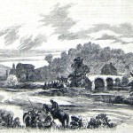 Union troops cross Antietam Creek near the Antietam Iron Works, while a woman in the foreground offers food to soldiers (F. H. Schell, artist; Frank Leslie's Illustrated Newspaper, November 1, 1862; courtesy of Princeton University Library)