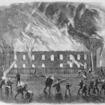 The burning of the U.S. arsenal at Harpers Ferry (Harper's Weekly, May 11, 1861; D.H. Strother, artist; NPS History Collection)