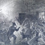 A shell bursting in the cellar window of the John Kretzer house in Sharpsburg, where townspeople had retreated for safety (F.H. Schell, artist; Frank Leslies Illustrated Newspaper, October 25, 1862; courtesy of Princeton University Library)