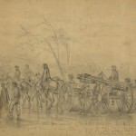 A heavy gun is wheeled forward after the Battle of Gettysburg as Union troops pursue the retreating Confederates (July 10, 1863, Edwin Forbes, artist; Library of Congress)
