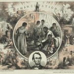 In this 1865 engraving celebrating the emancipation of Southern slaves following the end of the Civil War; the left half represents the evils of slavery (a man is sold separately from his family, a woman flogged, and another man branded) while the right envisions a peaceful future (a woman sends her African American children off to public school and African American workers receive their pay from a cashier (ca. 1865, Thomas Nast, engraver; Library of Congress) 20a. Detail of previous image 