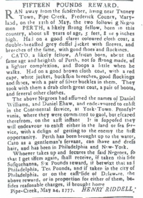 Ad for Perth and Cato, 1777, and ad for Candis, 1798. (Maryland Gazette, Maryland State Archives)