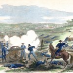 The 1st Maryland Light Battery (Union) firing towards the Dunker Church in the center of the battlefield (Alfred Waud, artist; Antietam National Battlefield; an uncolorized version appeared in Harper's Weekly, October 11, 1862)