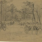 de set up rifle pits and cannon in the woods on the left side of the Union line (July 1863, Alfred R. Waud, artist; Library of Congress) 