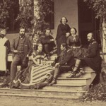 Ellen McClellan, wife of General George McClellan, U.S. Army officers, and members of the Lee family pose on the porch of the Lee home south of Burkittsville in Frederick County. Ellen McClellan, shown second from right, stayed in the Lee home after the Battle of Antietam. (Oct. 1862, Alexander Gardner, photographer; Library of Congress)