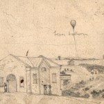 Detail of the left panel showing Civil War aeronaut Thaddeus Lowes balloon, which made ascensions near Sharpsburg and Bolivar Heights (September 1862, Edwin Forbes, artist; Library of Congress) 