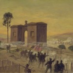 Confederates under General Richard S. Ewell charge the waiting Union defenses at the cemetery gatehouse (Edwin Forbes; Library of Congress)