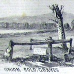The fence near the grave of a Union soldier is adorned with a knapsack and hat (Joseph Becker, artist; Frank Leslie's Illustrated Newspaper, December 5, 1863; courtesy of Princeton University Library) 