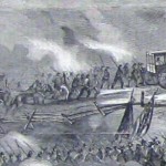Detail of the previous image showing ambulances moving towards the battlefield