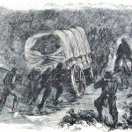 Men of the 12th Massachusetts Regiment pushing their baggage wagon during a storm near Hyattstown, MD (Frank Leslie's Illustrated Newspaper, September 14, 1861; NPS History Collection)