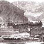 The destroyed railroad bridge from the Harpers Ferry side (D.H. Strother, artist, Harpers New Monthly Magazine, July 1866:144)
