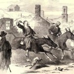 Two members of a Zouave regiment race mules in Harpers Ferry in October 1862 (Originally appeared in Frank Leslie's Illustrated Newspaper, November 15, 1862; source for this image: Louis Shepheard Moat, ed., Frank Leslie's Illustrated History of the Civil War [NY: Mrs. Frank Leslie, 1895], 223)