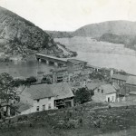 An 1859 photograph of lower Harpers Ferry and the Baltimore and Ohio Railroad bridge (1859, Historic Photo Collection, Harpers Ferry National Historical Park)