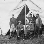 Allan Pinkerton, head of the Union Army's "secret service" in 1861-62, is seated on the right in this photograph taken after the Battle of Antietam. The others are George H. Bangs, R. William Moore, John C. Babcock, and Augustus K. Littlefield. (Alexander Gardner, photographer, October 1862; Library of Congress)