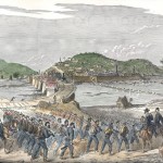 Union soldiers march along the banks of the Potomac while the armys supply wagons cross over the pontoon bridge ahead of the troops into Harpers Ferry (Colorized version of an illustration in The New-York Illustrated News, July 4, 1863; Harpers Ferry National Historical Park)
