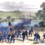Union General Joseph Hooker's corps crossing Antietam Creek to attack the Confederates on the morning of September 17 (Frank Schell, artist; Antietam National Battlefield; an uncolorized version appeared in Frank Leslie's Illustrated Newspaper, October 11, 1862)
