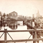 The shell of the Baptist Church in the distance and the gas works on the right, along Conococheague Creek (Library of Congress)