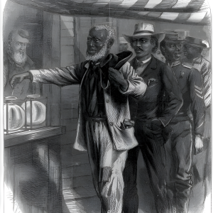 reconstruction “The First Vote,” depicting African American men voting in the South after the passage of the Reconstruction Acts of 1867 (Harper’s Weekly, November 16, 1867; Library of Congress)